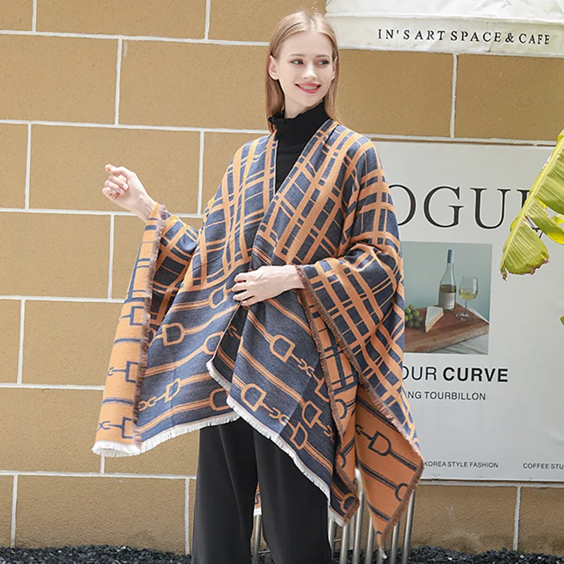 

Модная накидка с разрезом и надписью, хлопковый шарф, стильные накидки, осенне-зимние женские теплые пальто, жаккардовое длинное пончо, шика...