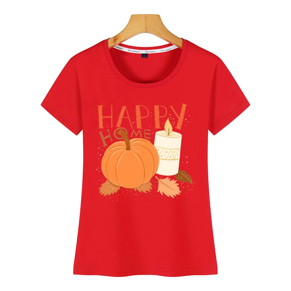 Tops T Shirt Women happy home pumpkin and candle alight hygge Fit Inscriptions Print Female Tshirt | Женская одежда