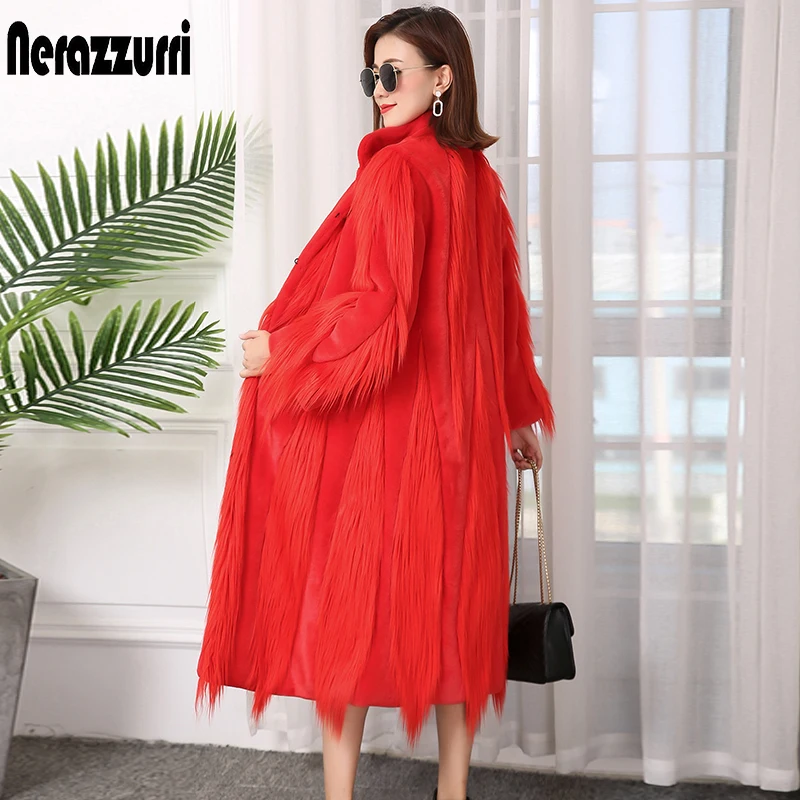 Nerazzurri Winter red long thick warm faux fur coat women Elegant patchwork overcoat fluffy outerwear fashion | Женская одежда
