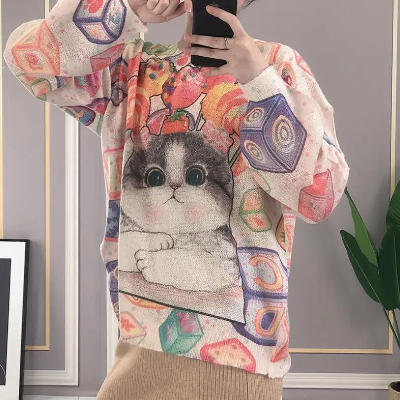 

Для женщин осень, с рисунком из мультфильма, с изображением животных, котов пуловер, вязаный свитер женский теплый топ в японском стиле Хара...