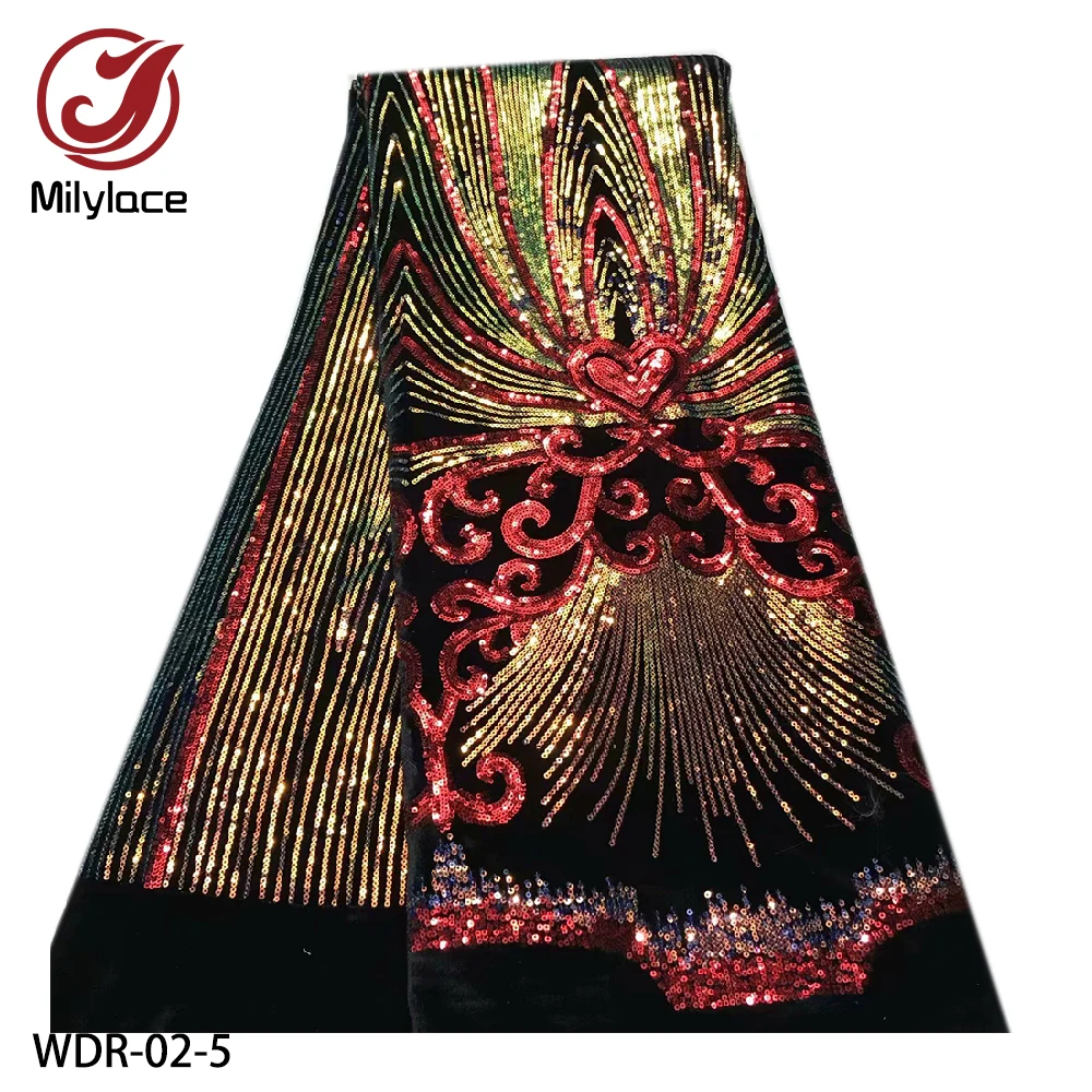 

Milylace shiny sequince Afrian velvet fabric 5 yards colorful sequins black velvet fabric high quality for party WDR-02