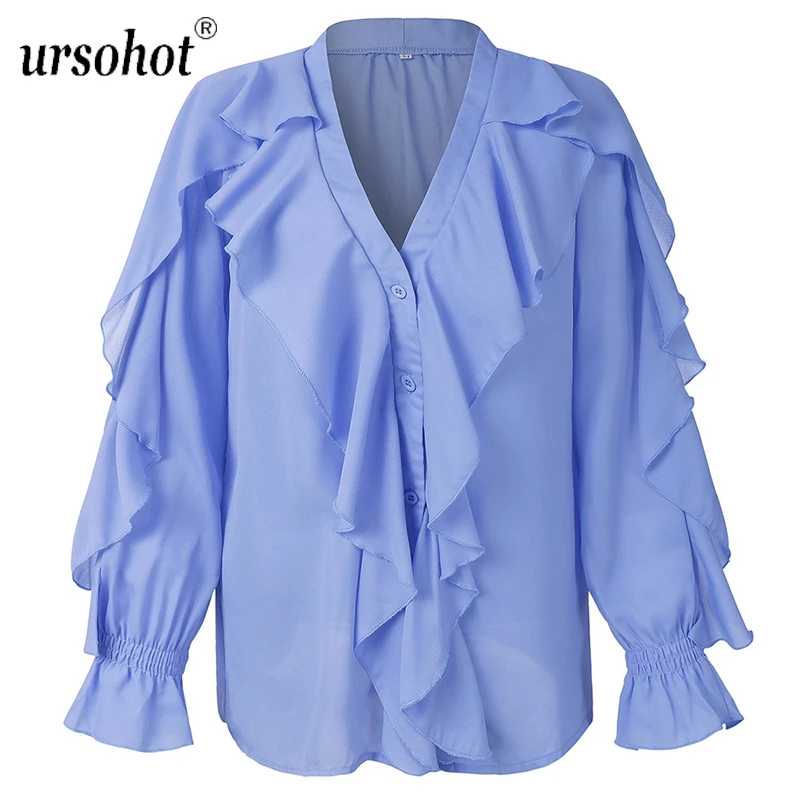 Ursohot/Летняя Сексуальная рубашка с рюшами Женская офисная блуза v-образным вырезом