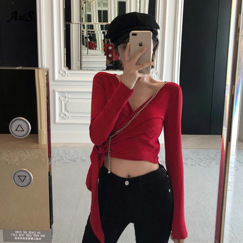 Женская футболка с узлом и V образным вырезом длинным рукавом|Футболки| |