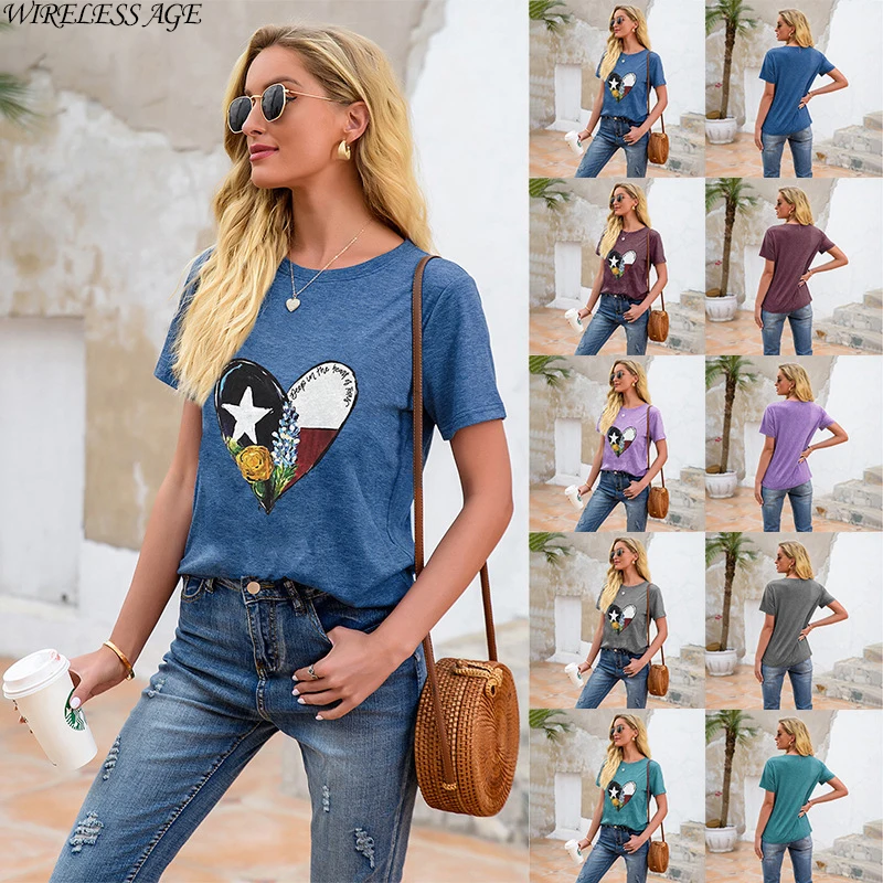 

WIRELESS AGE T Shirt Women Short Sleeve Round Neck Independence Day Love Printed Loose Casual Women's Tops Summer Fashion Wild