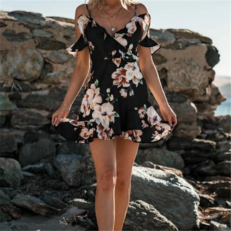 Women Summer Hot 2019 Floral Print Dress Off Shoulder Ruffles Wrap Boho Chiffon Party Sexy Ladies Holiday Beach Short Sundress | Женская