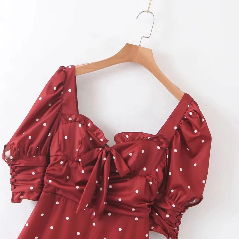 elegant red polka dot satin dress women mini puff sleeve Sexy backless chiffon beach womens dresses korean vestidos 2019 | Женская