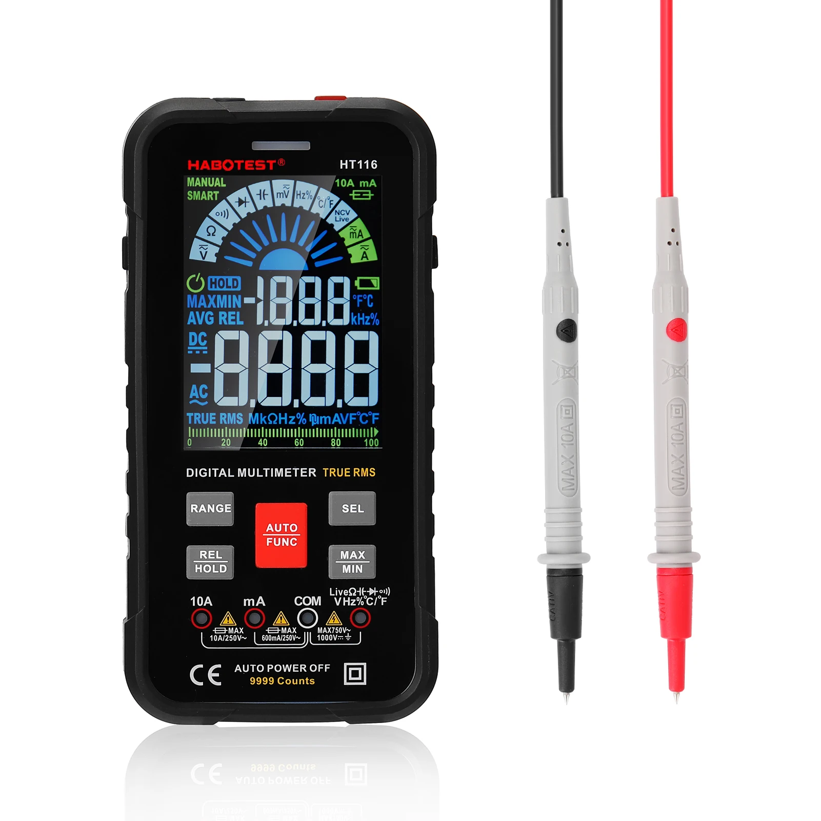 

HABOTEST HT116 Multimeter VA 9999 Counts with Flashilight Ture RMS NCV Direct Current AC Capacitance Duty Ratio Diode Live Test