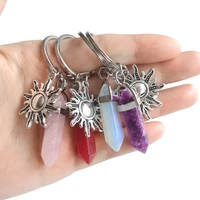 wholesale 20pcs natural stone hexagonal column couple keychain on bag opal quartz key chain with sun moon charm women party gift
