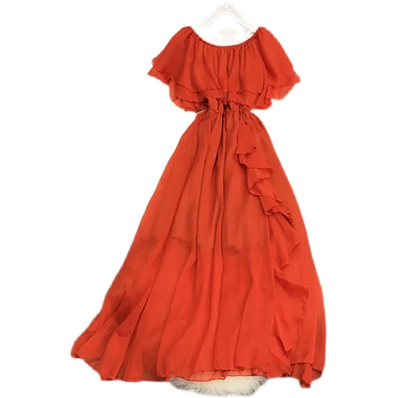 

Fitaylor Summer New Women Beach Style Slash Neck Short Sleeve Chiffon Dress Lady Casual Ruffles High Waist A-line Long Dress
