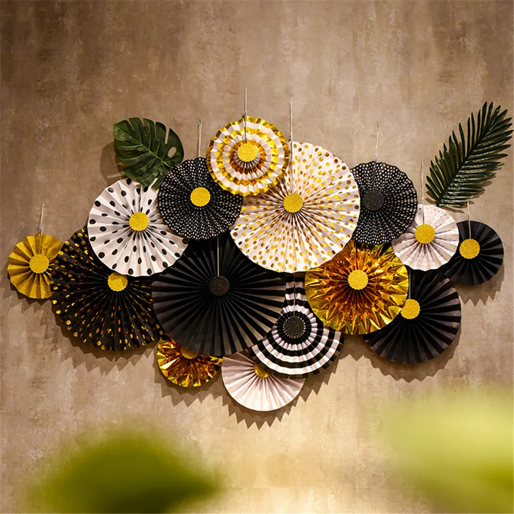 8pcs DIY Paper Crafts Paper Fans Black Goden Wedding Party Birthday Festival Decor Photo Backdrop Hanging Flower Paper Fan