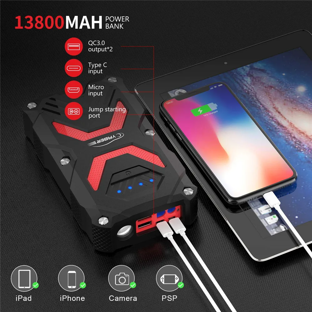 Yaber Jump Starter Peak 1000A Powerful 13800mAh Emergency Car starter Battery Power Bank Auto Booster | Автомобили и мотоциклы