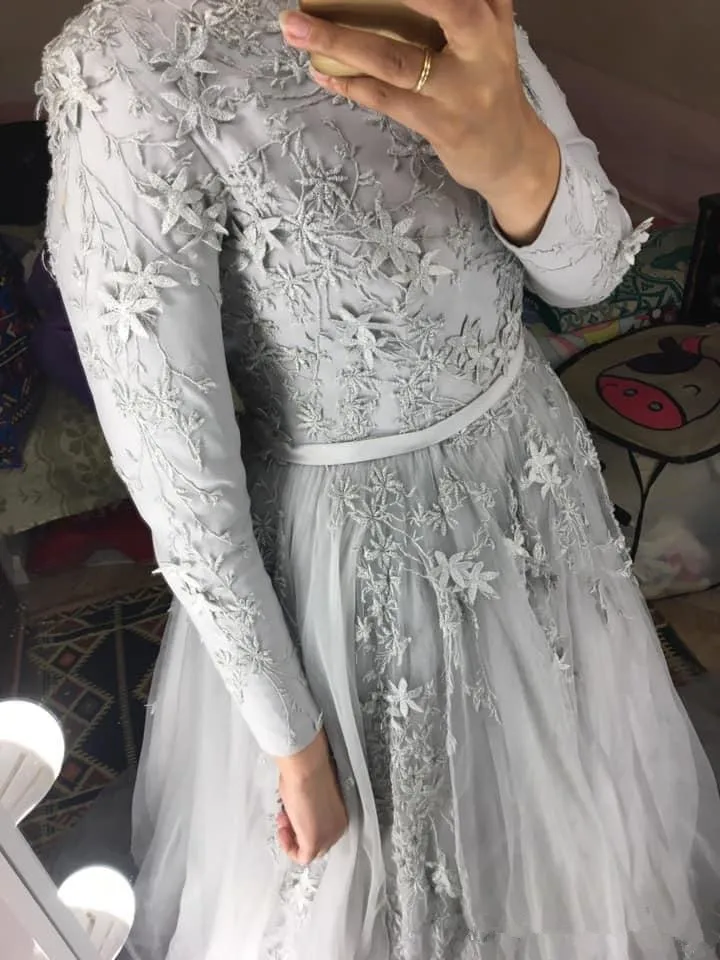 2020 Aso Ebi мусульманские серебряные кружевные вечерние платья с длинным рукавом