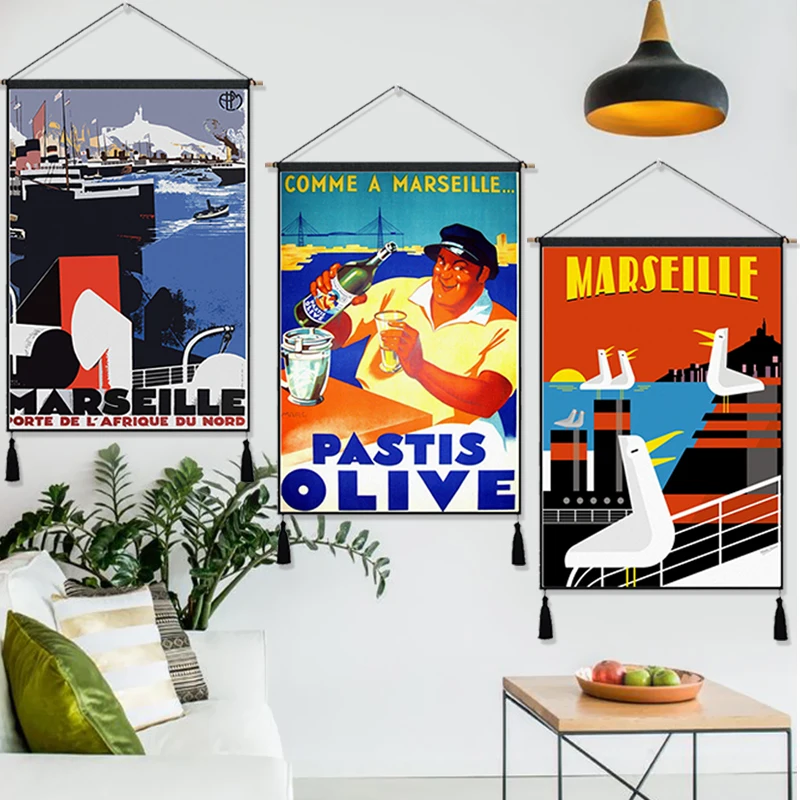 Винтажный подвесной гобелен для путешествий Марсель Франция город Харбор