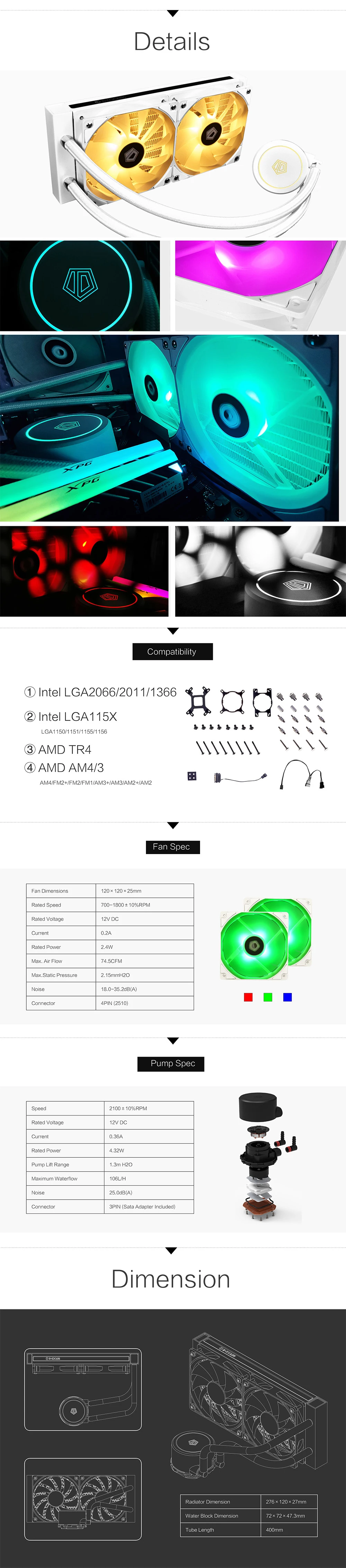 ID-COOLING AURAFLOW X 240 SNOW RGB синхронизация AIO кулер для воды чистый белый с 240 мм радиатор, 2x120 мм RGB PWM вентиляторы, 400 м