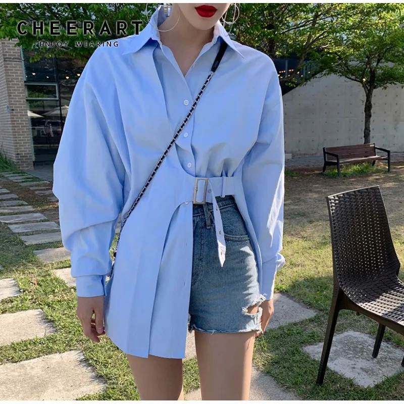 

CHEERART Fall 2020 Women Long Sleeve Blouse Blue Button Up Collar Korean Shirt With Belt Causal Top Fashion Clothing