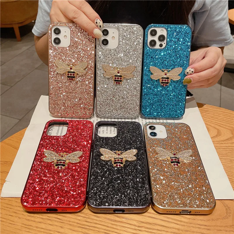 

Cute Bee Solid Color Glitter Hard Shell Phone Case For One Plus 9 8 8T 7 7T Pro Anti-fall Protective Cover Capa For Oneplus 6 6T