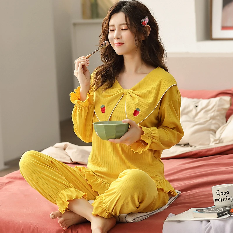 

Autumn Women Pajamas Cotton Pyjamas Womens Long Sleeve Sweet Casual Soft Homewear Loose Plus Size Female Nightwear Suits