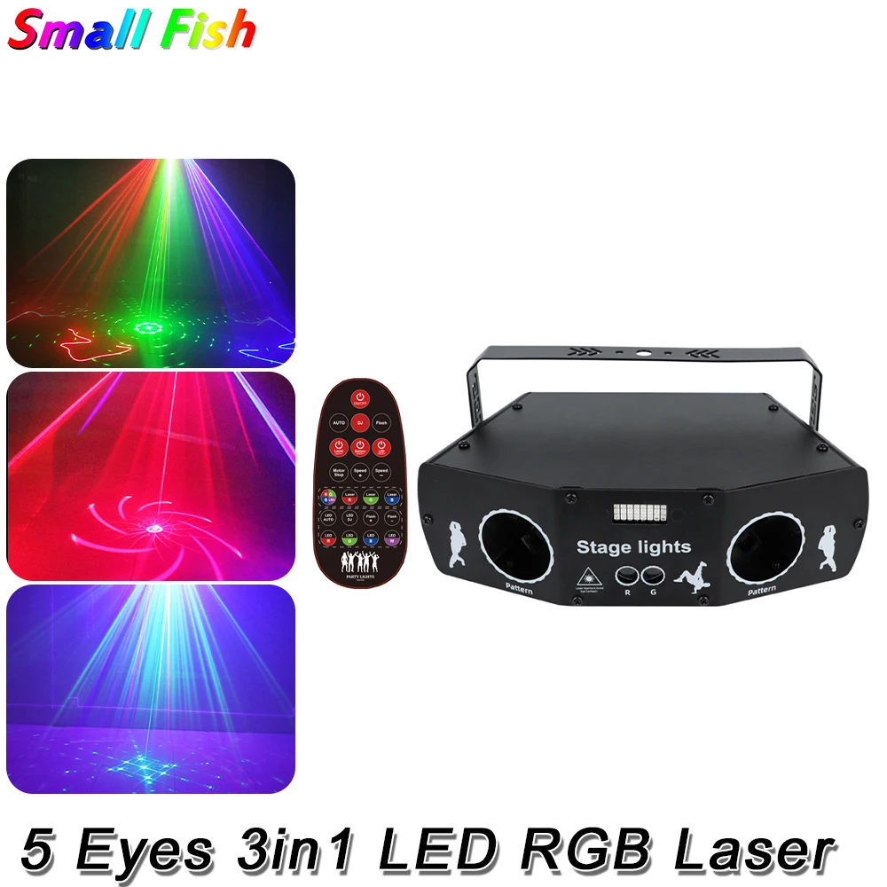 5Eyes 3in1 LED RGB Patterns Laser Light With Remote Control Stage Full Color Effect Strobe DJ Disco led Party Patterns Projector