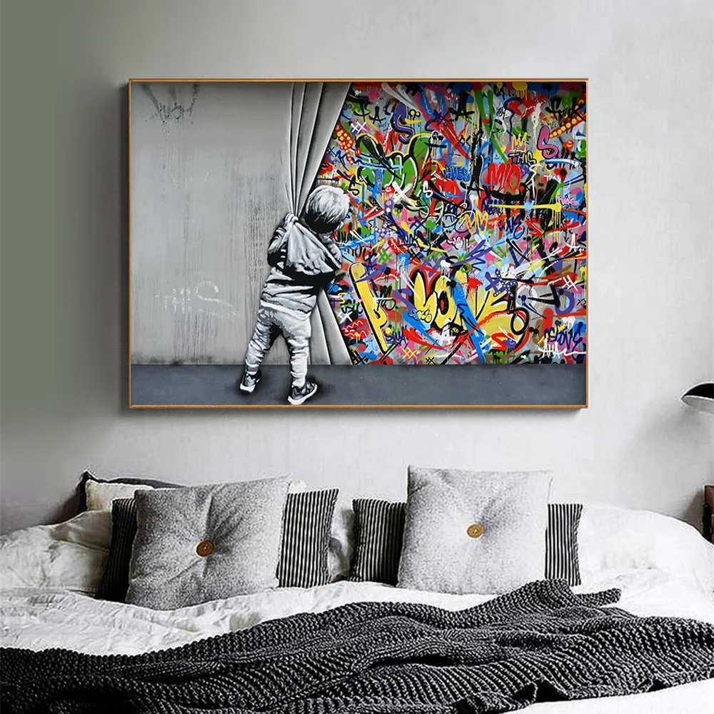 

Kids Lover Behind The Curtain Graffiti Art Painitngs on the Wall Art Posters and Prints Modern Street Art Pictures Home Decor