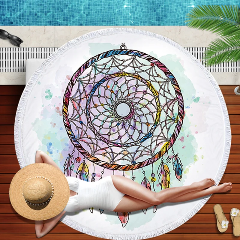 Пляжное полотенце с принтом Ловец снов круглое пляжное из микрофибры большое