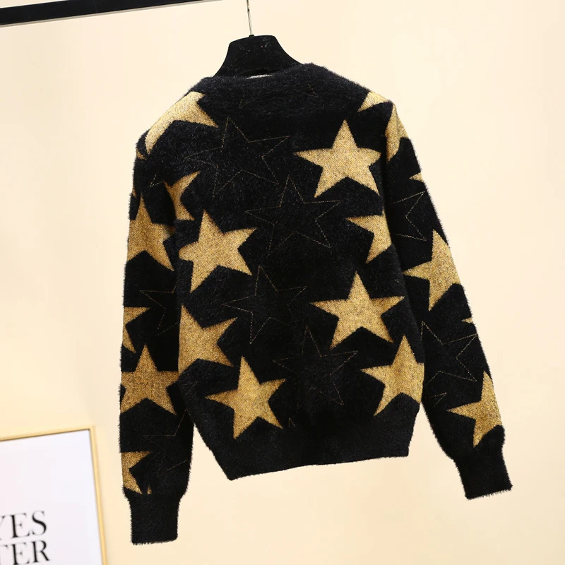Fashion house spring 2019 fashion line stylish black sweater star mink fleece loose-fitting slim top | Женская одежда
