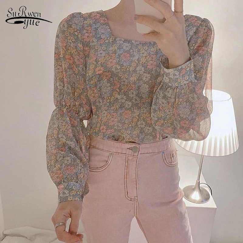 Vintage Florals Loose Elegance Tops Korean Clothes 2020 Summer Streetwear Women Shirts Newest Office Lady Blouse Blusas 10144