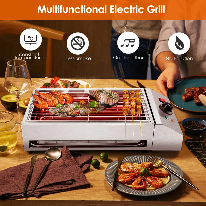 stainless steel electric grill countertop bbq grill for indooroutdoor adjustable temperature removeable smokeless bbq grill free global shipping