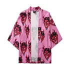 Японская уличная рубашка с принтом черта, летняя свободная гавайская рубашка в стиле Харадзюку, кимоно с рукавами