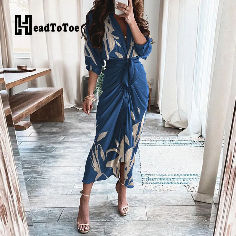 

Leaf Pattern Print Tied Detail Ruched Shirt Dress Women Casual Maxi Dress