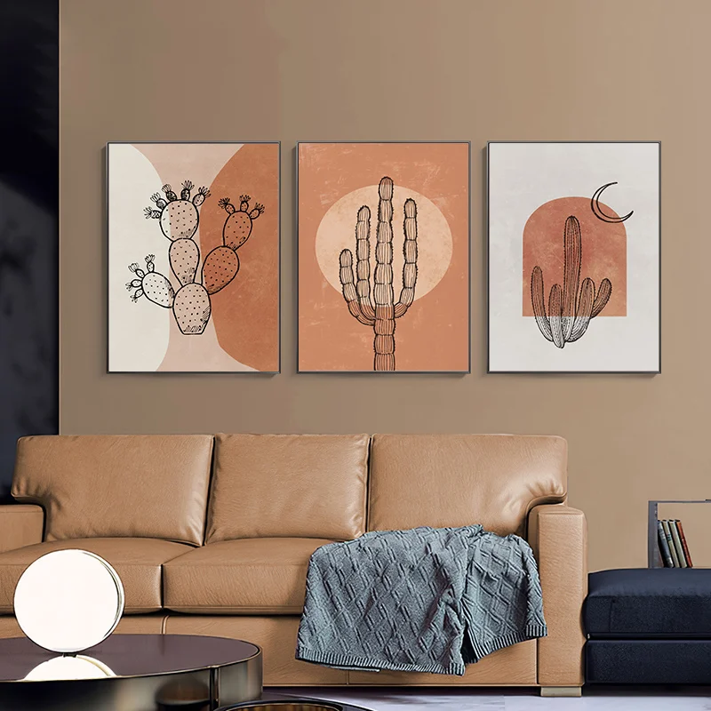 

Simple Nordic Abstract Geometry Orange Morandi Sun Moon Cactus Porch Murals Poster Printed Canvas Decorative Painting