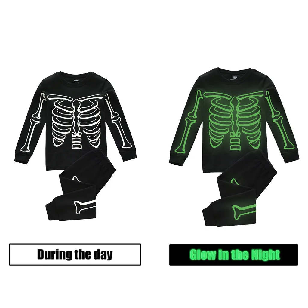 

Halloween luminous bone print cotton boy long-sleeved pajamas suit Halloween skeleton cotton pajamas suit 40*