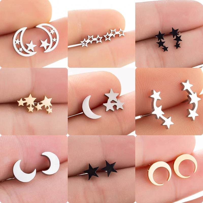 

Punk Black Stainless Steel Earrings Geometric Women Men Hip hop Star Moon Stud Earrings Fashion Jewelry Best Gift Kolczyki