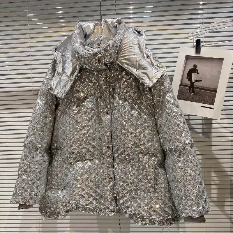 

Blingbling Women Parkas 2021 New Fashion Diamond-shaped Grid Sequins Shining Zipper Hooded Coat Warm Long Sleeve Wadded Jacket