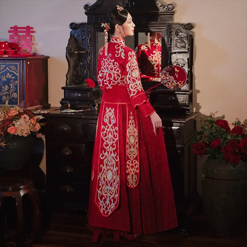 

Exquisite Embroidery Wedding Dress Novelty Cheongsam Chinese Style Marriage Set Elegant Bride Costume Noble Toast Clothing