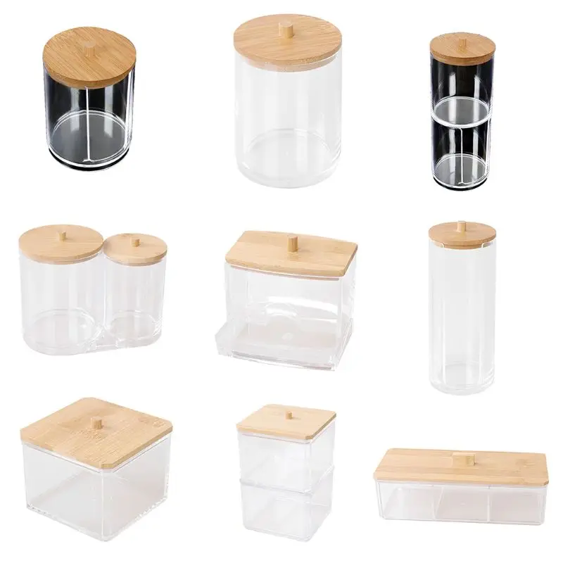 

Makeup Cotton Pads Swab Storage Bin Cosmetics Organizer Box with Bamboo Cover