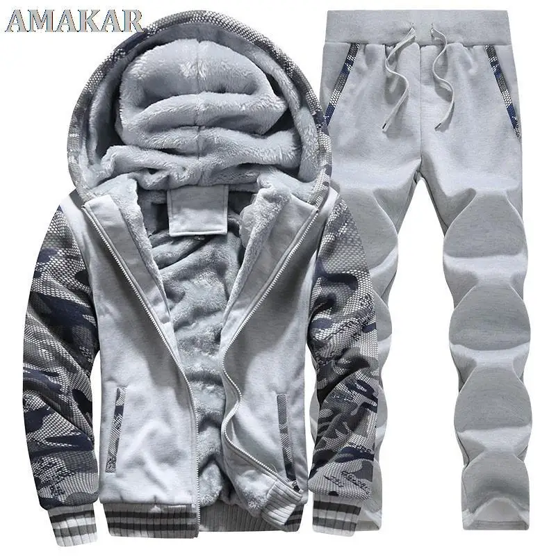 

Men Fleece Thick Hooded Warm Fur Tracksuit Brand- Clothing Casual Track Suit Jacket+Pant Winter Sweatshirt