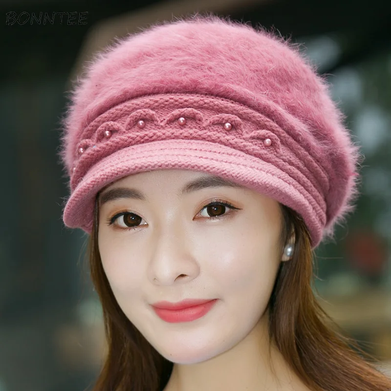 Шапка-бини Женская однотонная теплая шапка из кроличьего меха в Корейском стиле