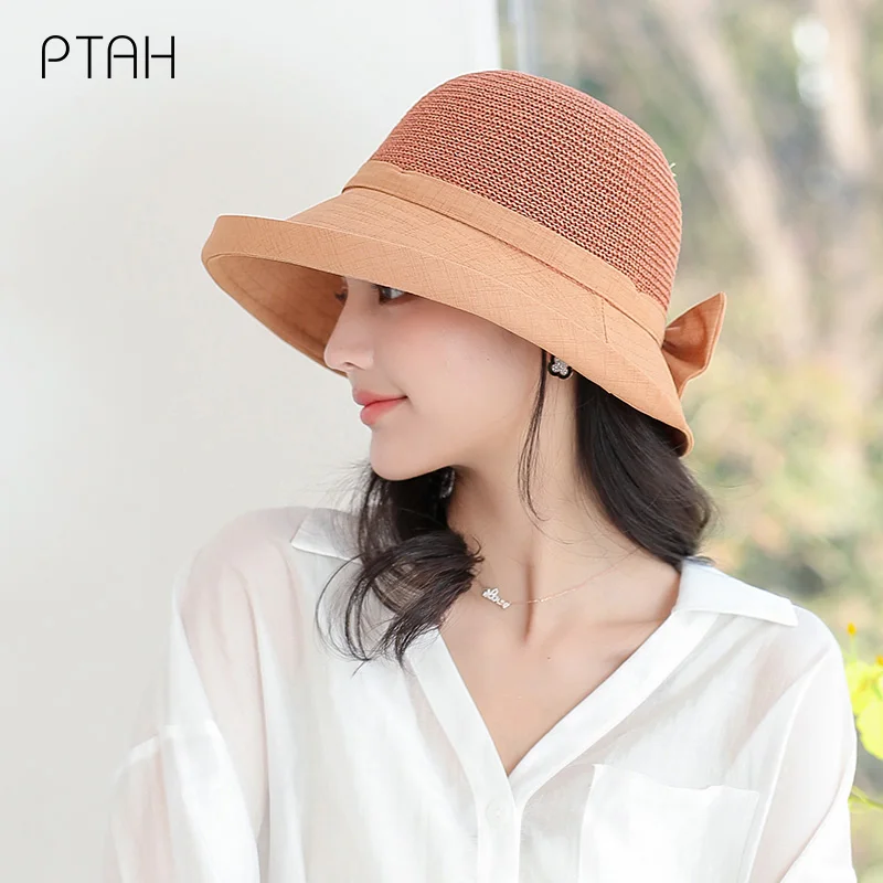 

[PTAH] Summer Women Sun Hat Straw Anti-UV Sun Protection Beach Caps Breathable Comfortable Foldable Windproof Belt Visors Female