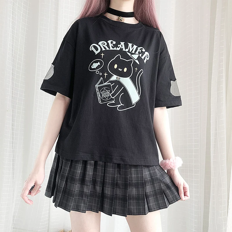 Милая Волшебная черная футболка с котом летняя коротким рукавом топы уличная
