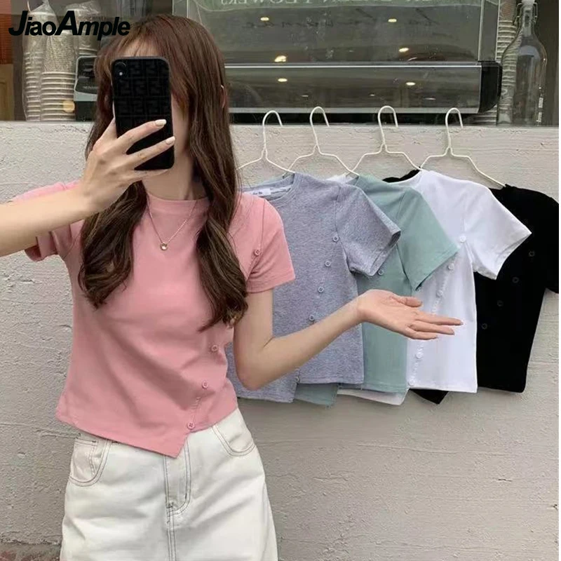 

Irregular Short Sleeved T Shirt Women Summer 2021 Student Leisure Fashion O-Neck Solid Tops New Ladies Korean Simple Pink Tees