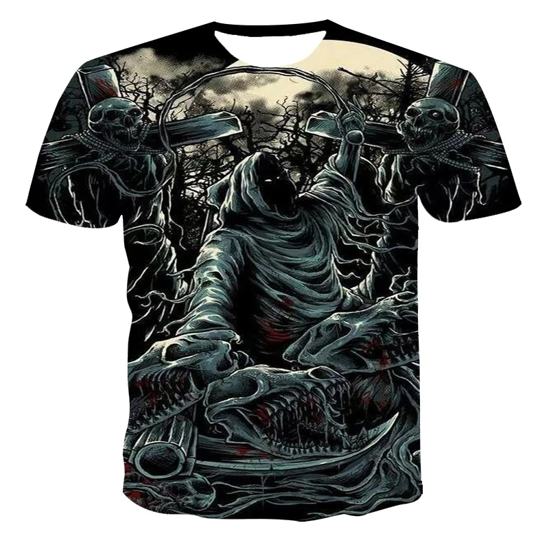 

Summer new skull 3D printing ghost knight street fashion rock oversized men's T-shirt casual sports breathable men's short sleev