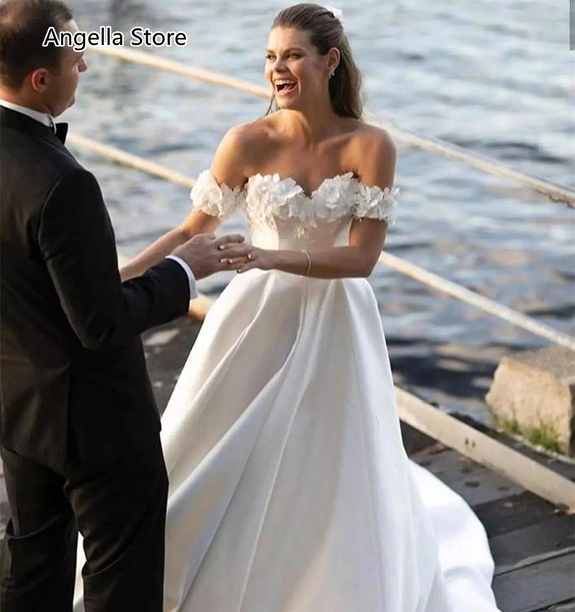 

Длинные Свадебные Платья с цветочным 3D принтом, атласные платья-трапеции с открытой спиной, с открытыми плечами, в стиле бохо, 2021