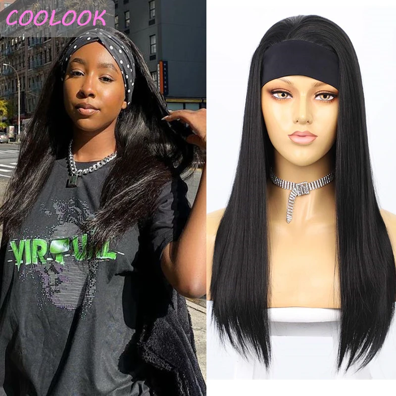 

24 Inch Long Straight Headband Wigs for Afro Women Natural Black Synthetic Headwrap Wig Cosplay Daily Lolita Wigs with Turban