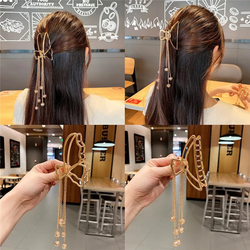 

New Women Long Crystal Tassel Elegant Gold Hollow Geometric Hair Claw Vintage Hair Clips Headband Hairpin Fashion Accessories