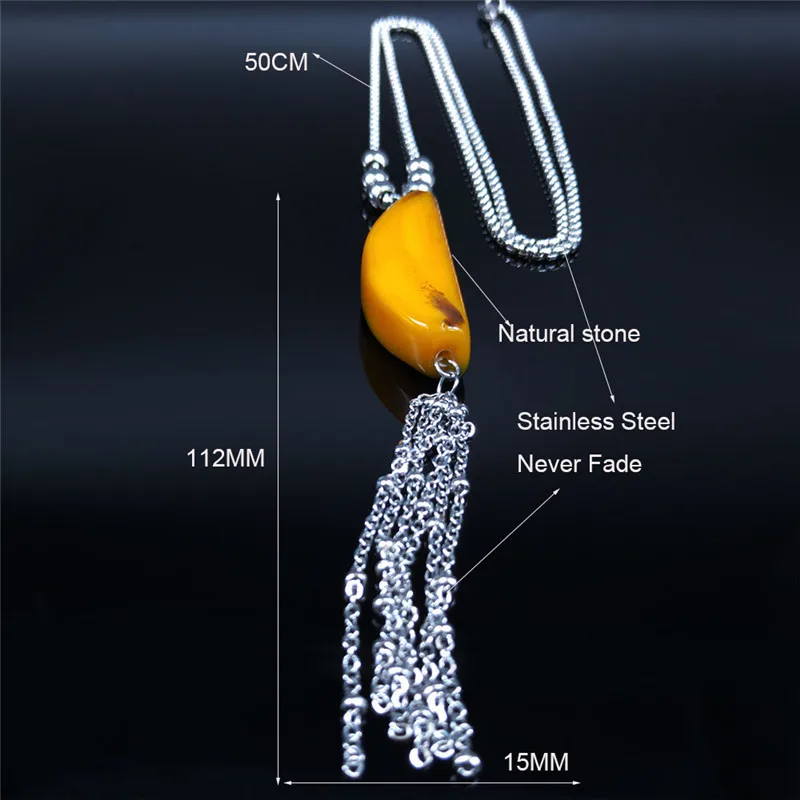 

Yellow Stainless Steel Natural Stone Long Necklaces Women Silver Color Tassel Necklaces Pendants Jewelry collares largos NG74S04