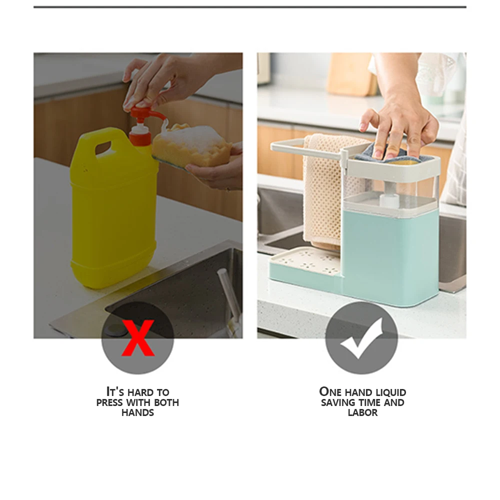 

3 In 1 Soap Dispenser Kitchen Manual Press Liquid Soap Drip Plate Dishcloth Towel Sponge Rack Organizer Kitchen Cleaning Tools