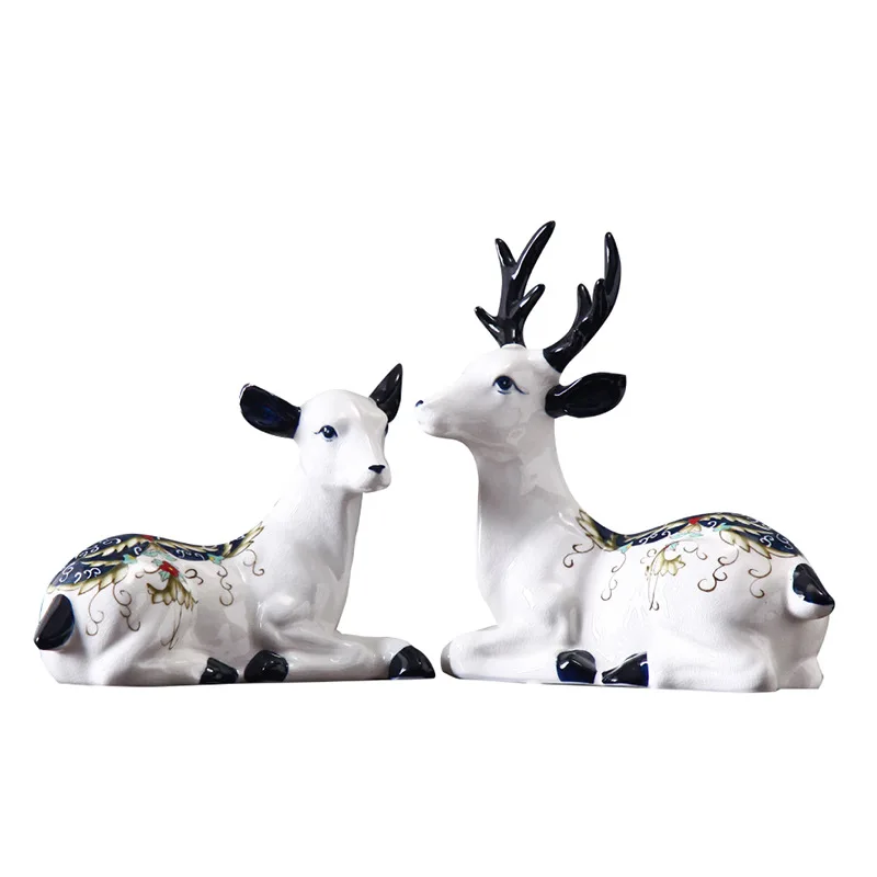 

Креативные пасторальные сине-белые сидячие керамические украшения в виде оленя для дома, кабинета, гостиной, чистые белые фарфоровые украшения ручной работы