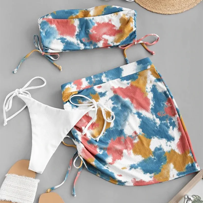 

2021 swimwear women brush printed swimsuit spot three pieces swimsuit beach wear off shoulder swimming suits