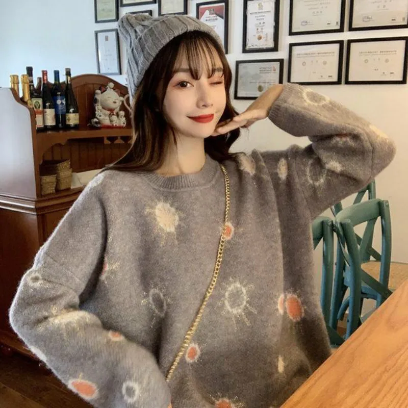 

2021 New Autumn Winter Women Sweater Pullovers Round-neck Pattern Printed Jumpers Long Sleeve Loose Casual Knit Tops Y231