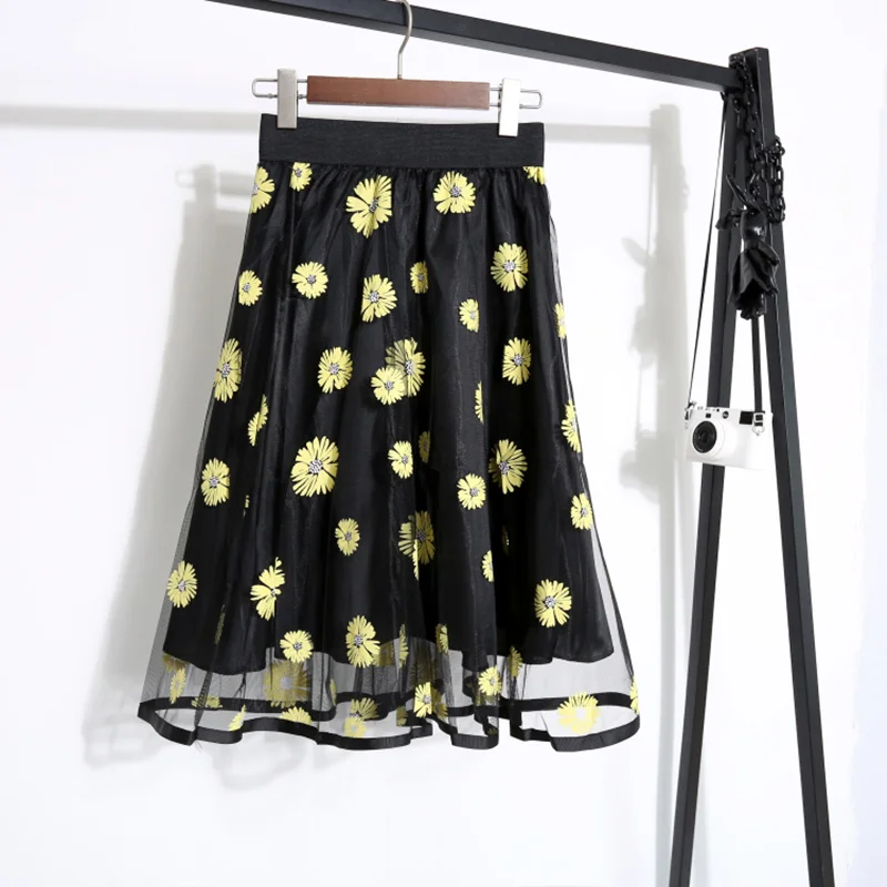  2020 New Spring Summer Vintage Floral Printed Mesh A-Line Tulle Skirts Elegant Midi High Waist Korean Style | Женская одежда